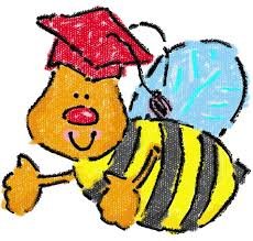 bumble bee flying with a red graduation cap